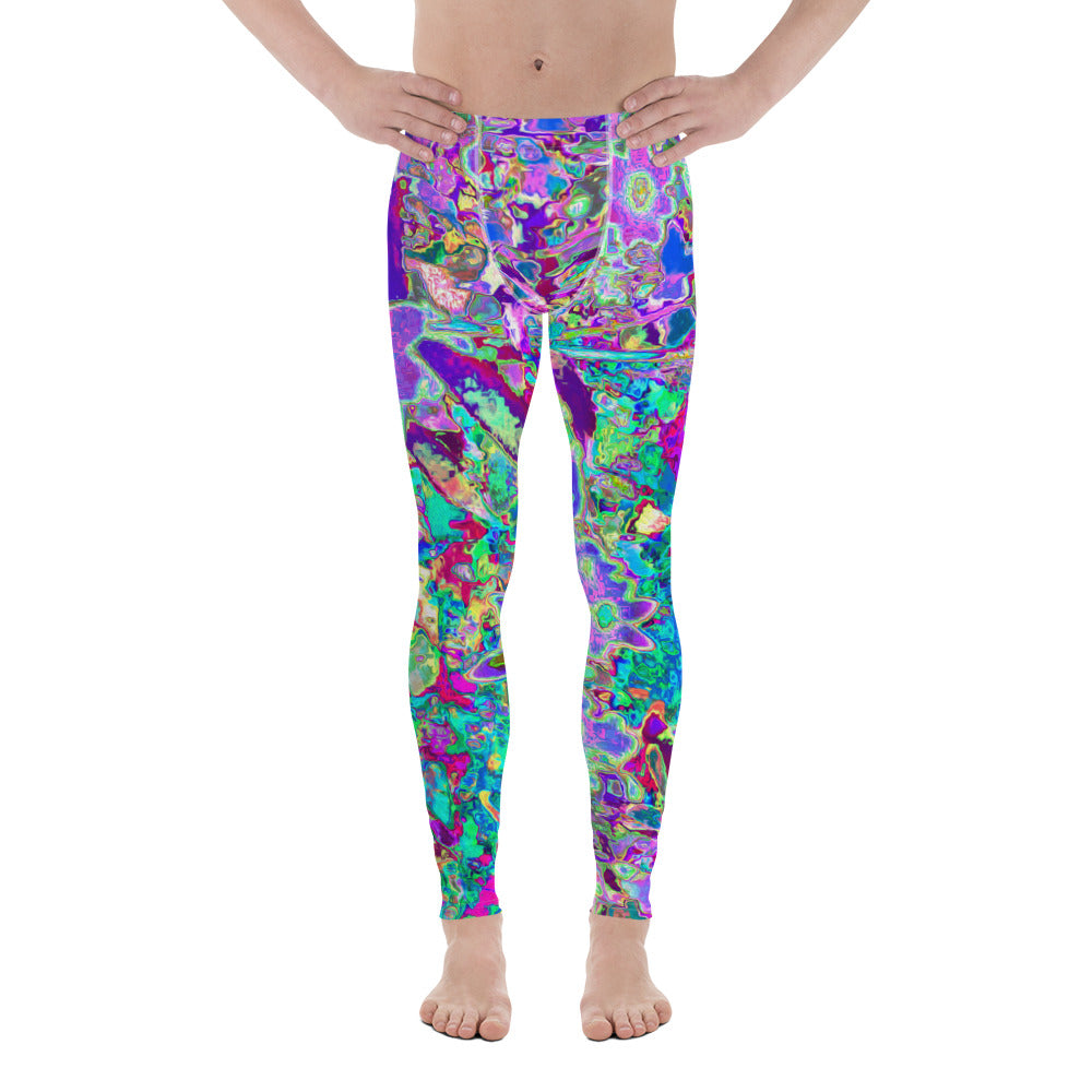 Men's Leggings, Trippy Abstract Pink and Purple Flowers