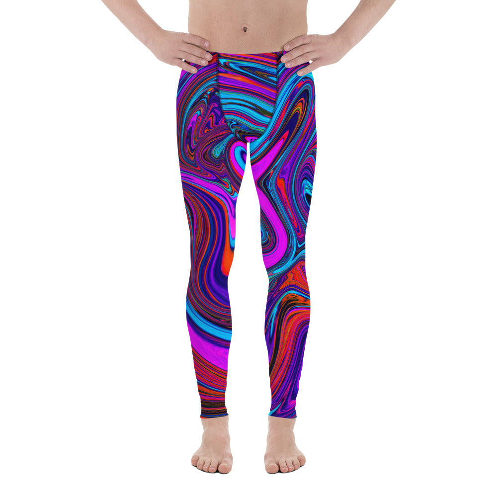Men's Leggings, Marbled Magenta, Blue and Red Abstract Art