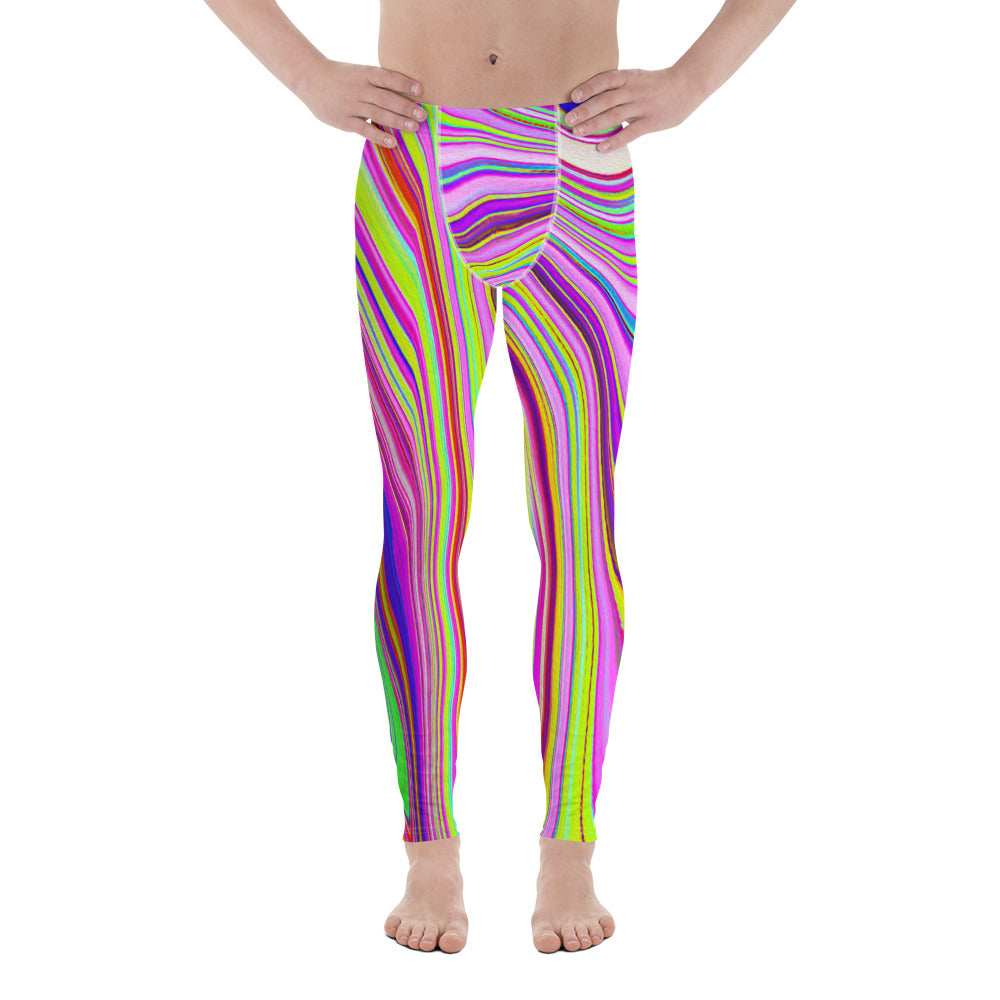 Men's Leggings, Trippy Yellow and Pink Abstract Groovy Retro Art