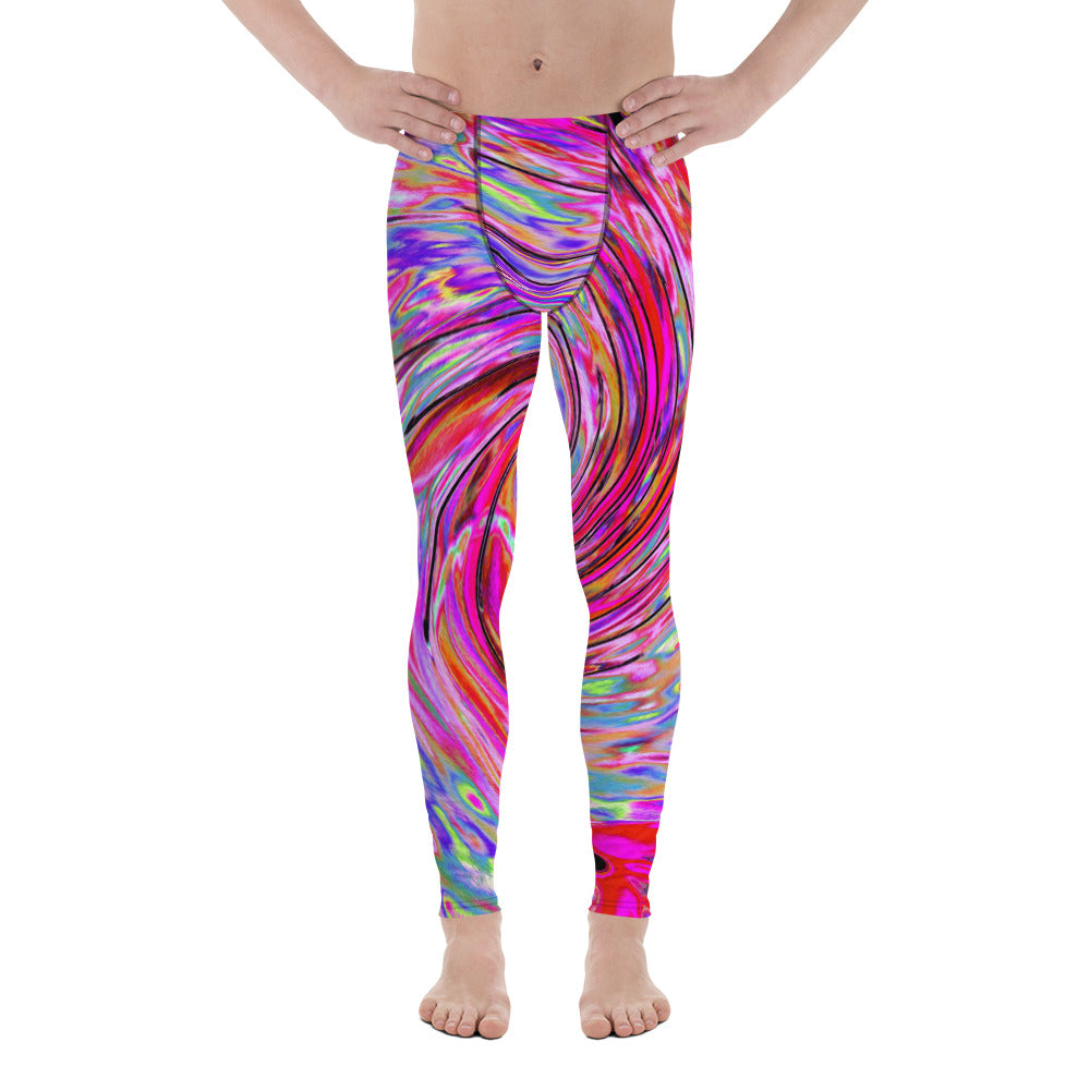 Men's Leggings, Cool Abstract Retro Hot Pink and Red Floral Swirl