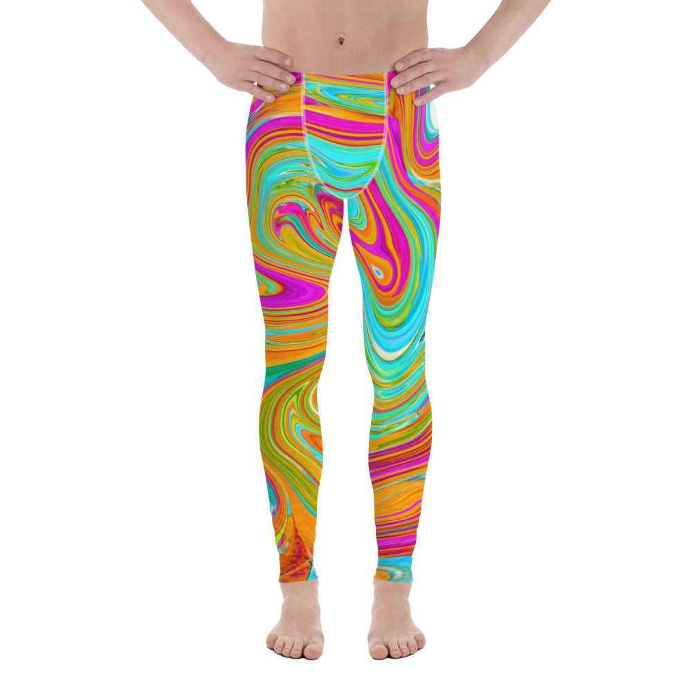 Men's Leggings, Blue, Orange and Hot Pink Groovy Abstract Retro Art