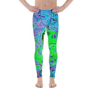 Men's Leggings, Lime Green Groovy Abstract Retro Liquid Swirl