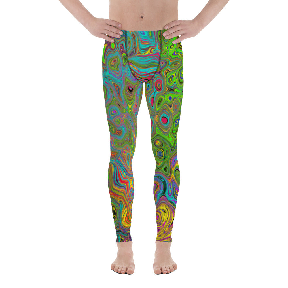Men's Leggings, Groovy Abstract Retro Lime Green and Blue Swirl