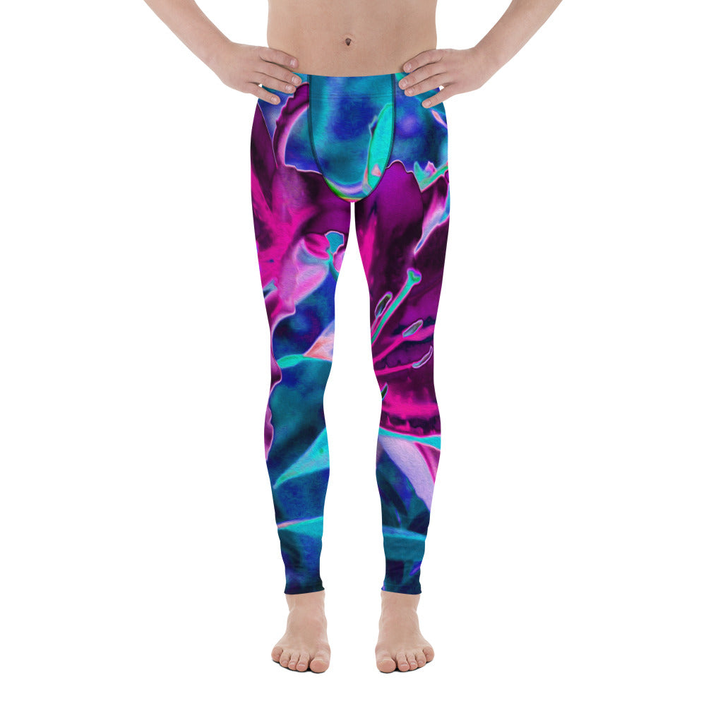 Men's Leggings, Purple and Hot Pink Abstract Oriental Lily Flowers