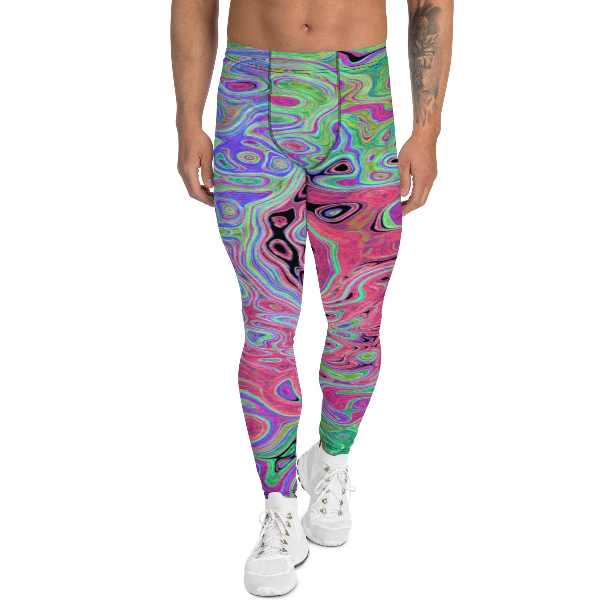 Men's Leggings, Pink and Lime Green Groovy Abstract Retro Swirl