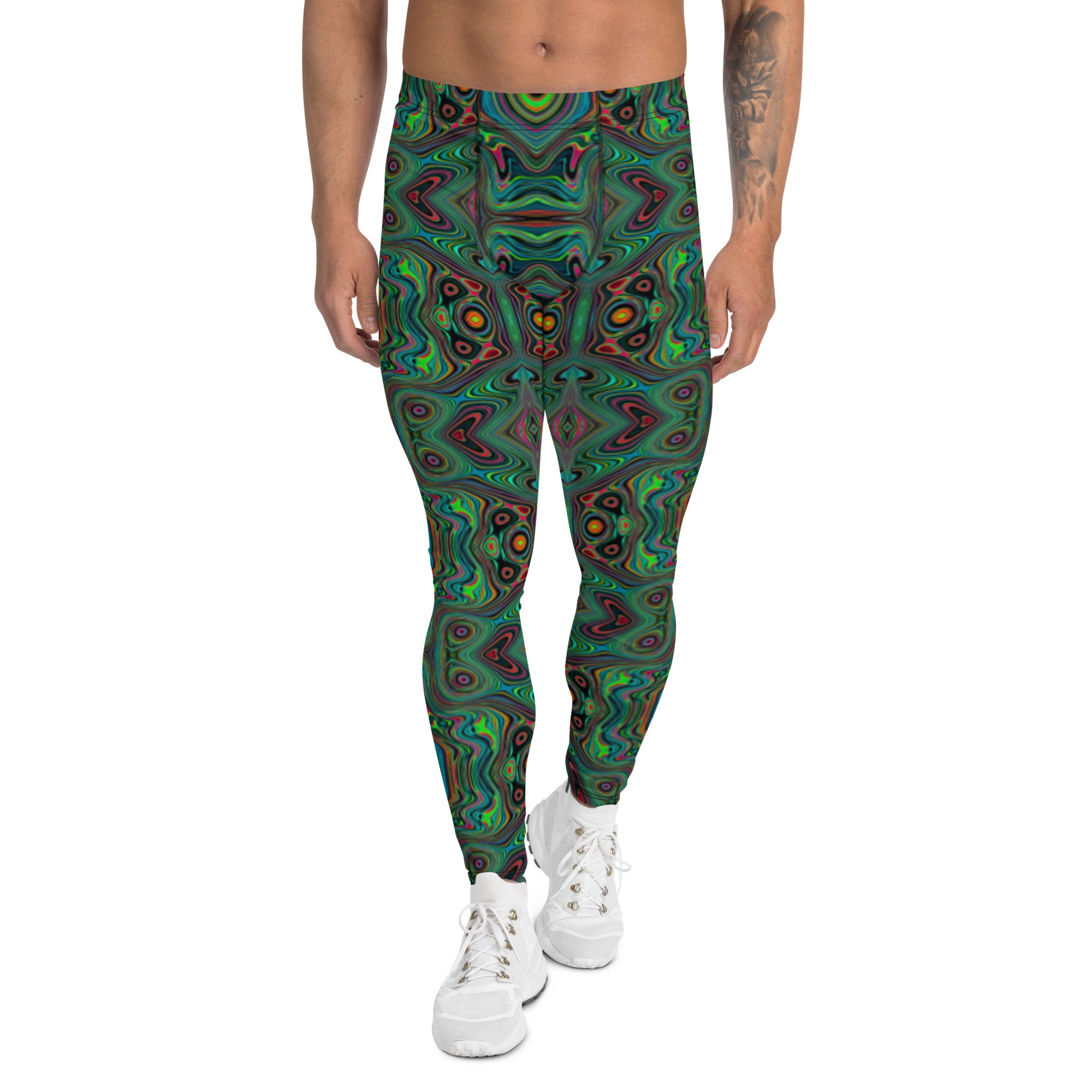 Men's Leggings, Trippy Retro Black and Lime Green Abstract Pattern