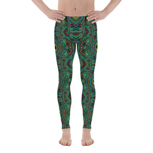 Men's Leggings, Trippy Retro Black and Lime Green Abstract Pattern