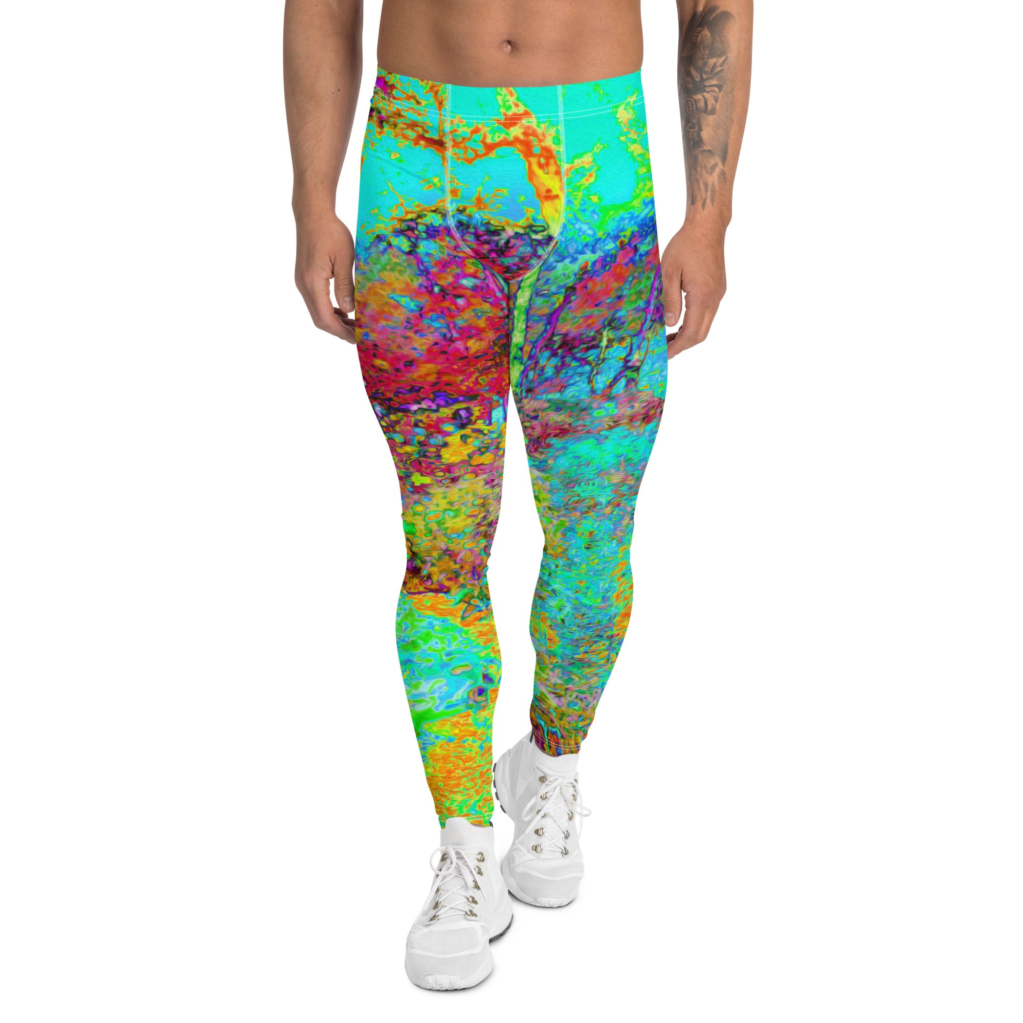 Men's Leggings, Psychedelic Autumn Gold and Aqua Garden Landscape