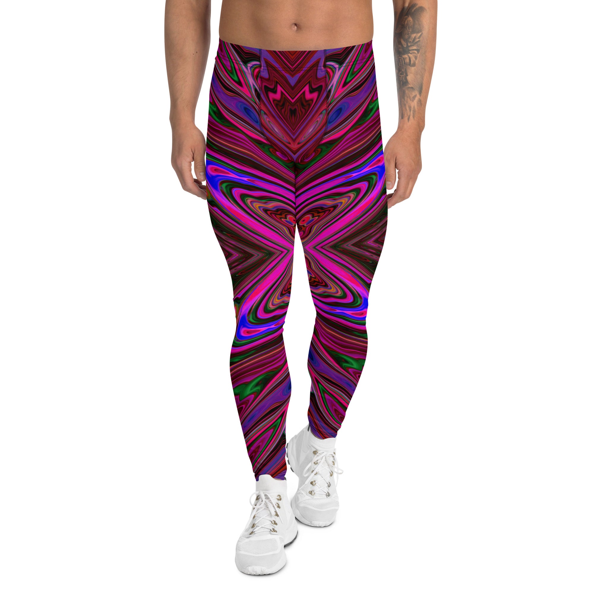 Men's Leggings, Trippy Hot Pink, Red and Blue Abstract Butterfly
