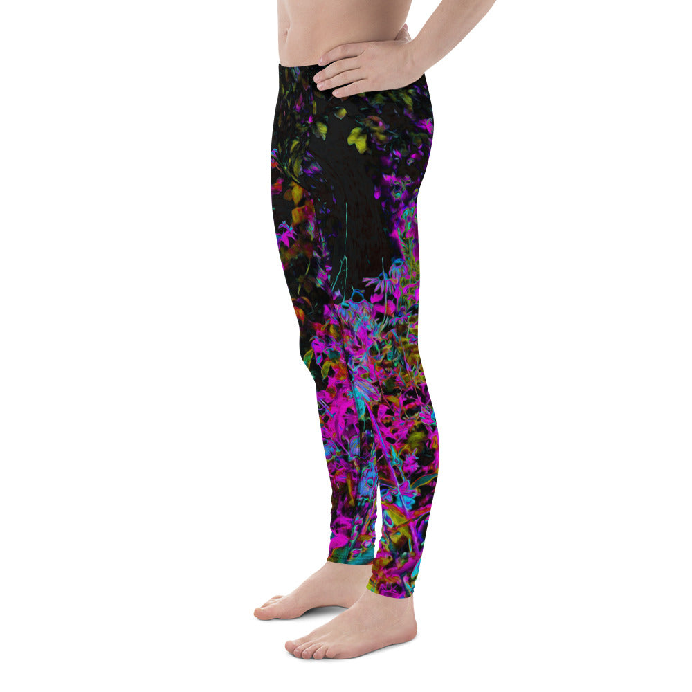 Men's Leggings, Psychedelic Hot Pink and Black Garden Sunrise