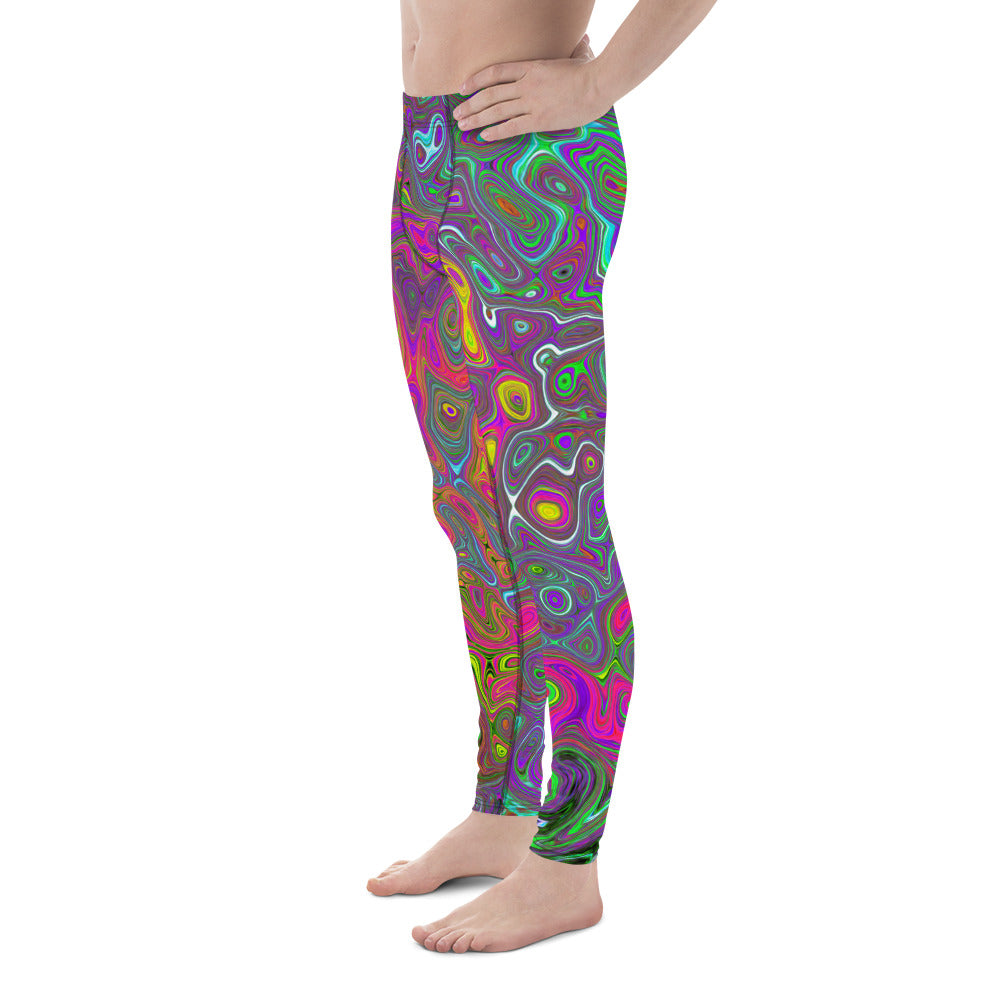 Men's Leggings, Trippy Hot Pink Abstract Retro Liquid Swirl