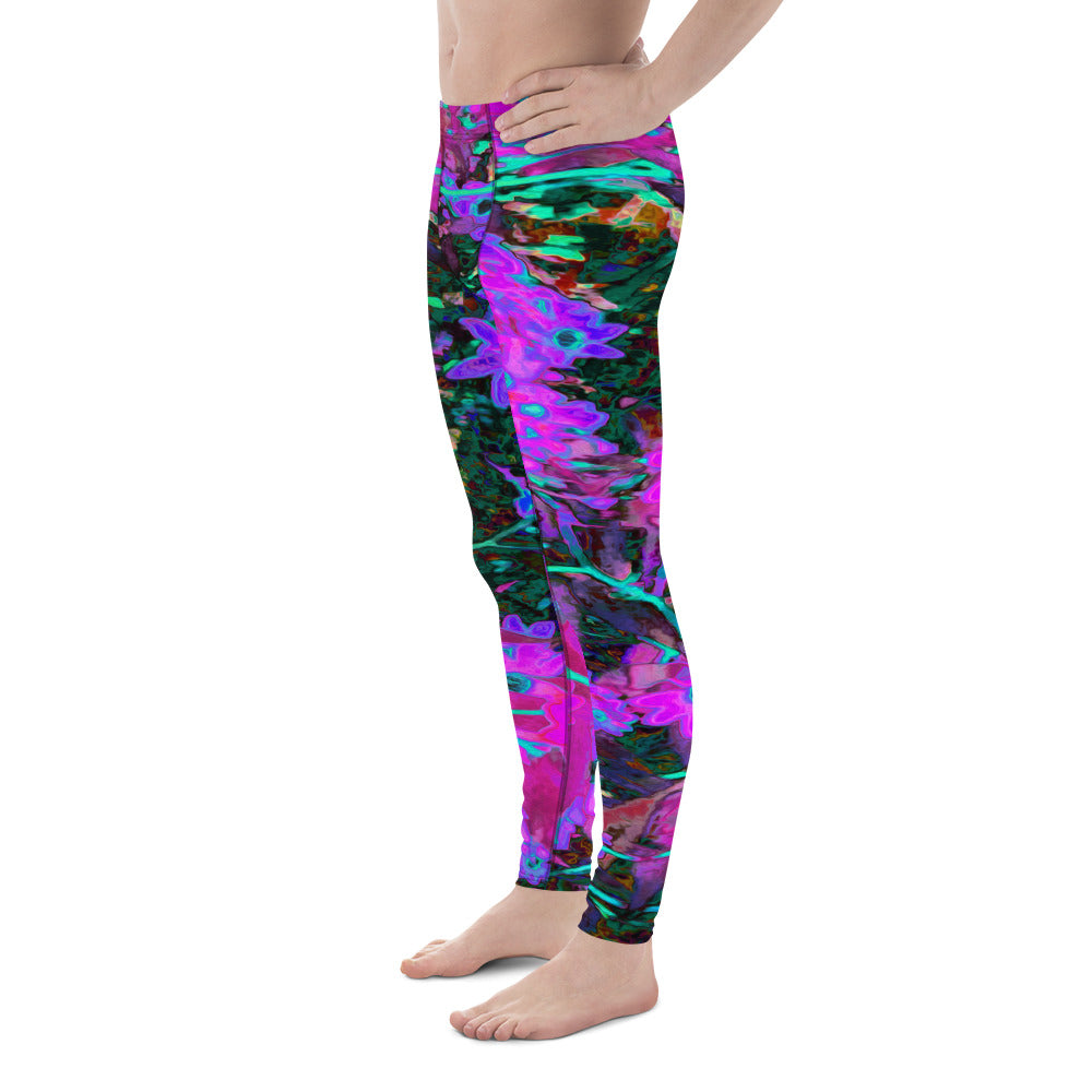 Men's Leggings, Pretty Hot Pink, Magenta and Aqua Blue Flowers