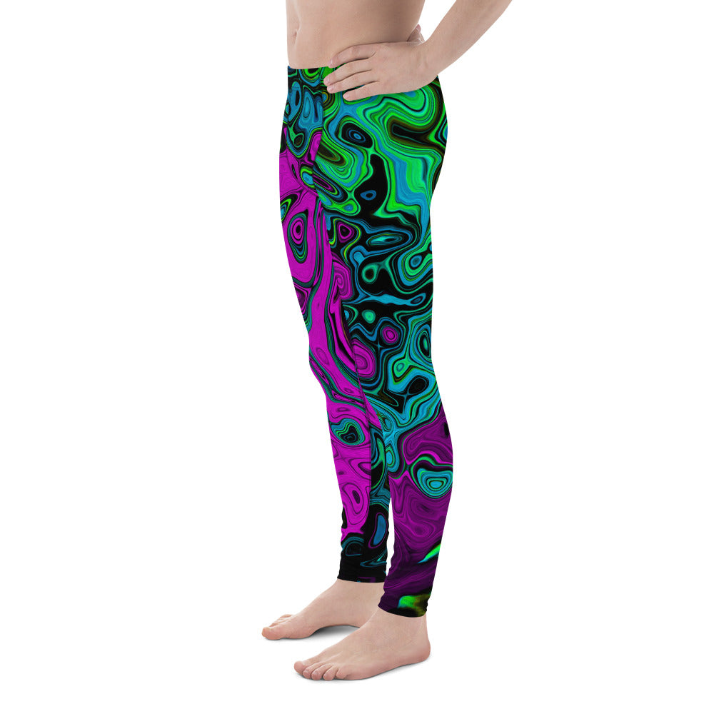 Colorful Trippy Men's Leggings, Bold Magenta Abstract Groovy Liquid Art Swirl