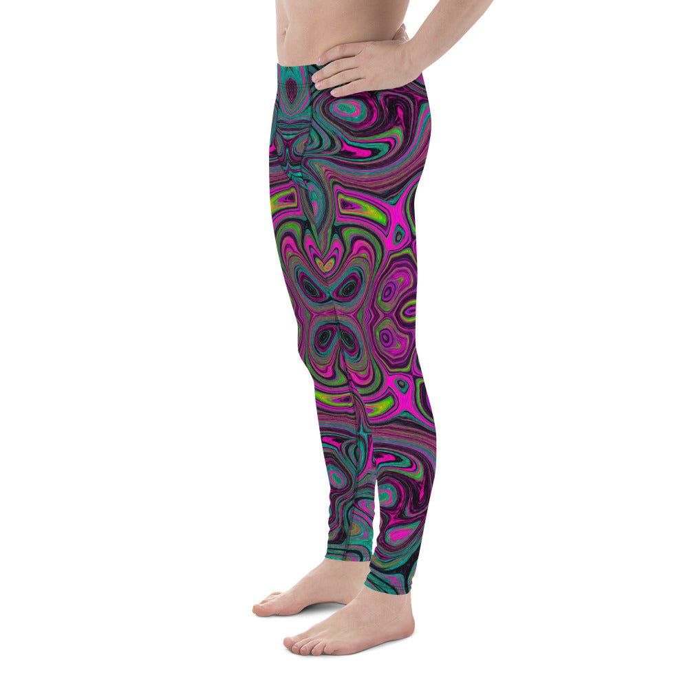 Colorful Men's Leggings, Abstract Magenta and Teal Blue Groovy Retro Pattern