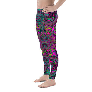 Colorful Men's Leggings, Abstract Magenta and Teal Blue Groovy Retro Pattern