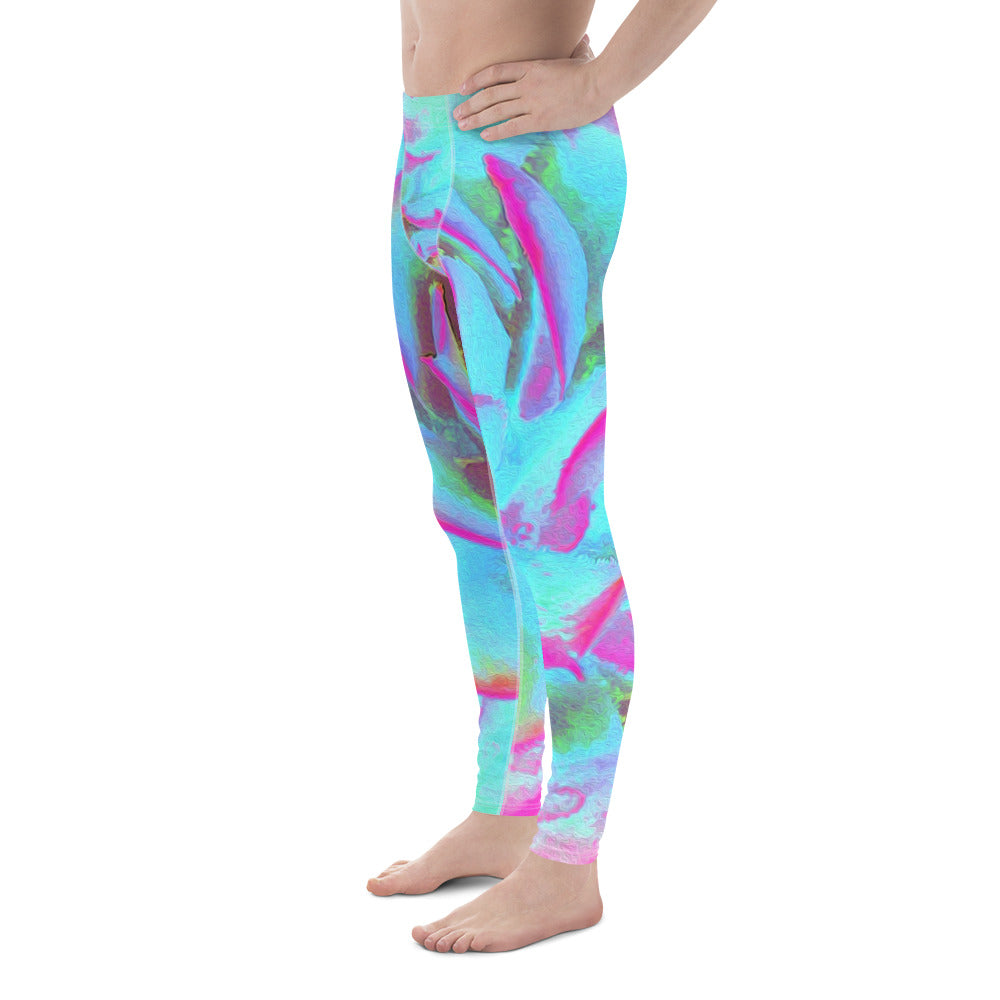 Colorful Men's Leggings, Hot Pink and Blue Succulent Sedum Rosette