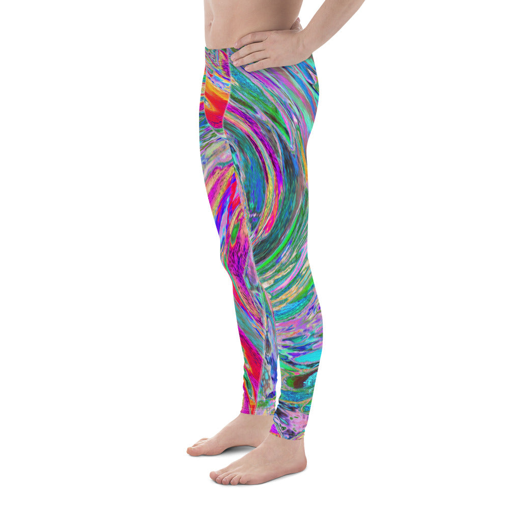 Colorful Men's Leggings, Abstract Floral Psychedelic Rainbow Waves of Color