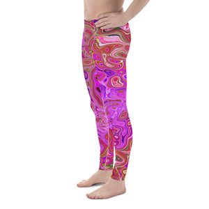 Colorful Men's Leggings, Hot Pink Marbled Colors Abstract Retro Swirl
