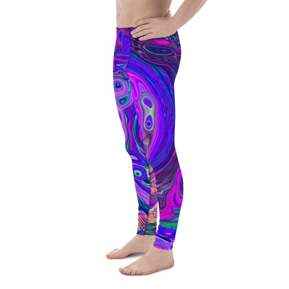 Men's Leggings, Groovy Abstract Retro Magenta and Purple Swirl