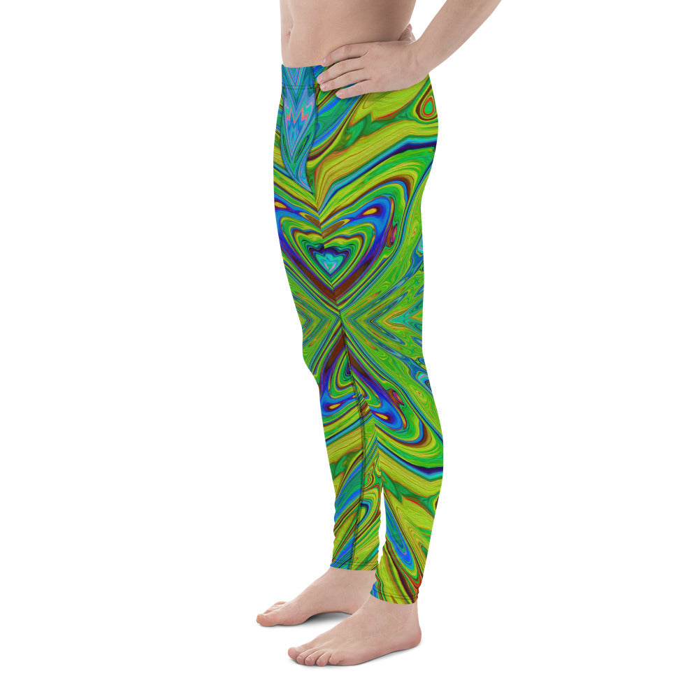 Men's Leggings, Trippy Chartreuse and Blue Abstract Butterfly