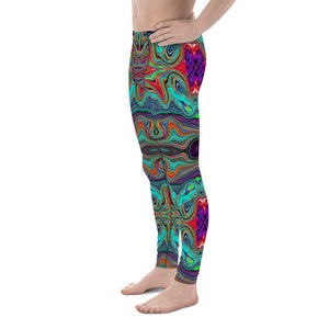 Men's Leggings, Wavy Sea Foam Green and Red Trippy Pattern