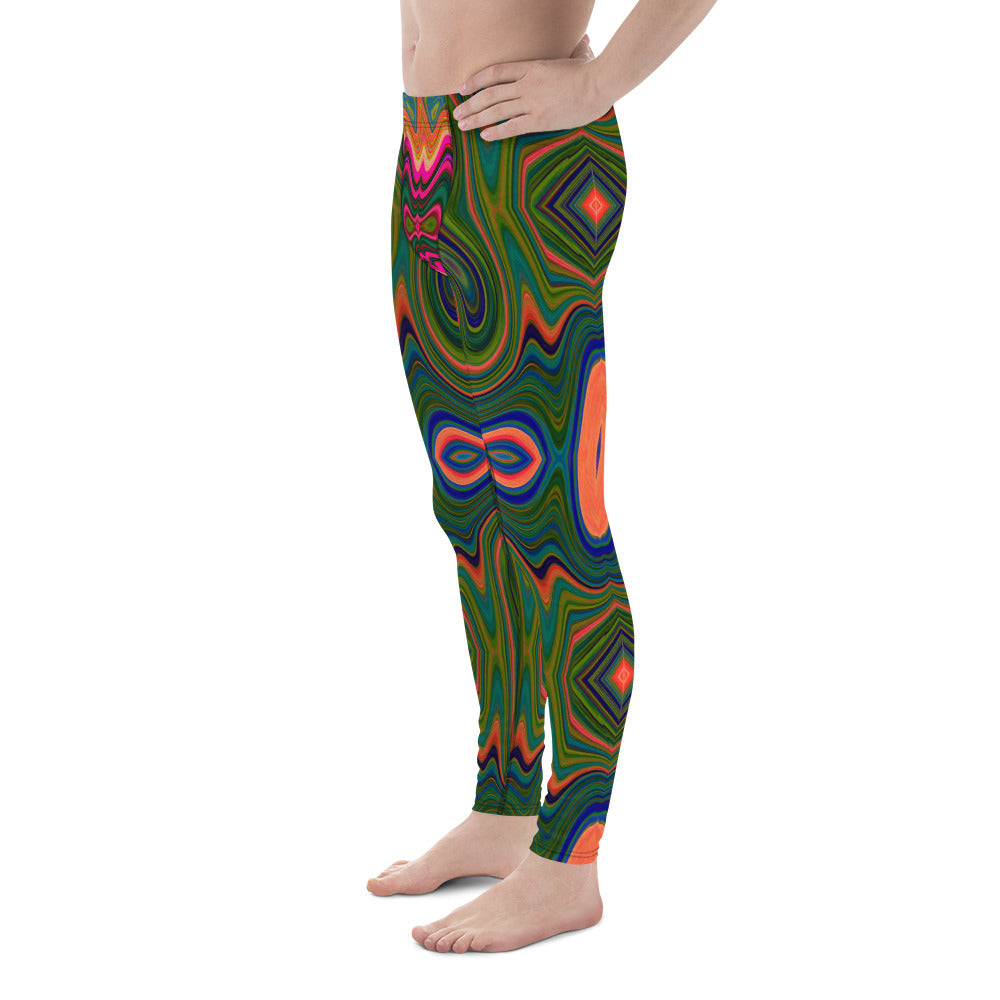 Men's Leggings, Retro Abstract Blue, Green and Orange Pattern