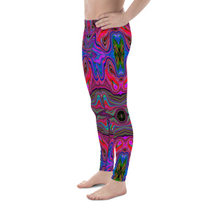 Men's Leggings, Wavy Blue and Rainbow Red Trippy Pattern