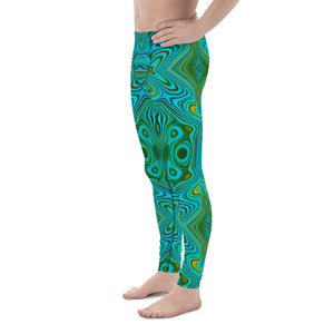 Men's Leggings, Trippy Retro Turquoise Chartreuse Abstract Pattern