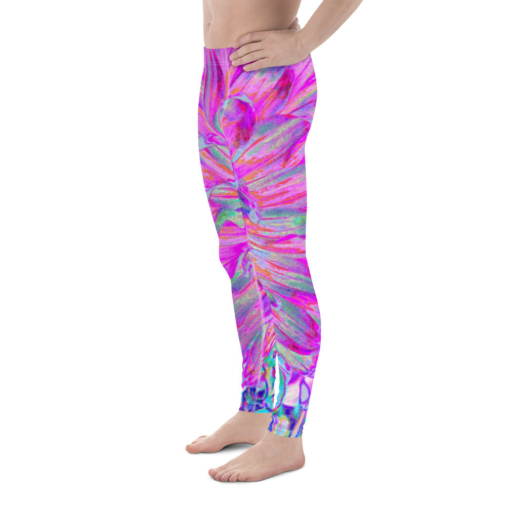 Men's Leggings, Cool Pink Blue and Purple Artsy Dahlia Bloom