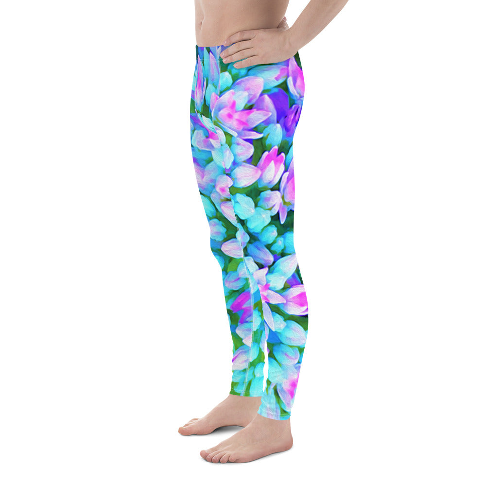 Men's Leggings, Blue and Hot Pink Succulent Sedum Flowers Detail