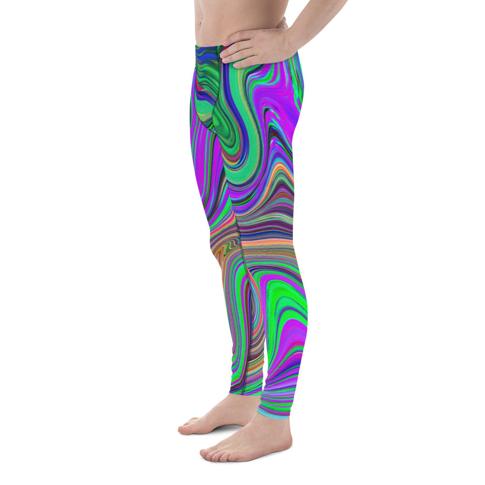 Men's Leggings, Trippy Lime Green and Purple Waves of Color