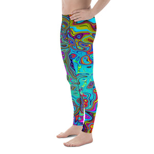 Men's Leggings, Trippy Sky Blue Abstract Retro Liquid Swirl