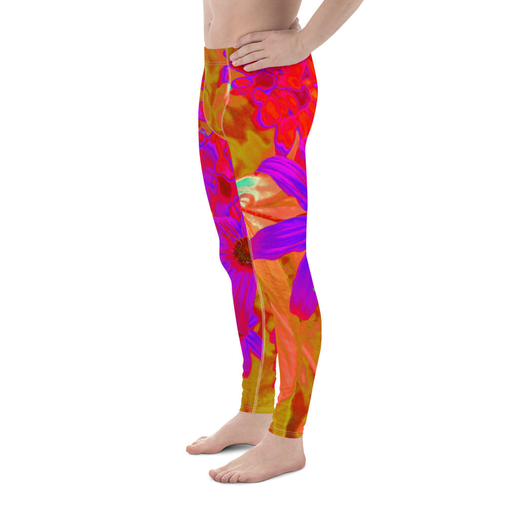 Men's Leggings, Colorful Ultra-Violet, Magenta and Red Wildflowers