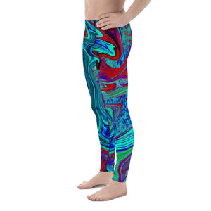 Men's Leggings, Groovy Abstract Retro Art in Blue and Red