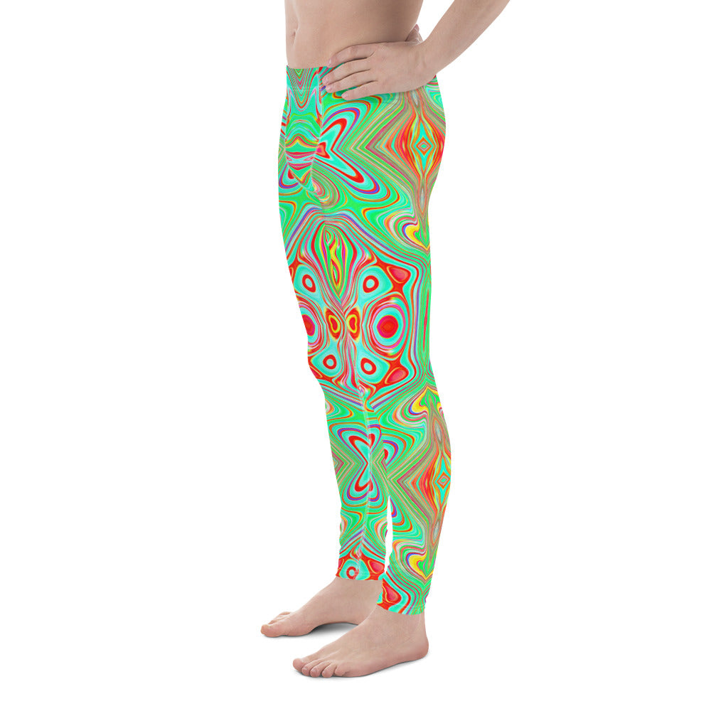 Men's Leggings, Trippy Retro Orange and Lime Green Abstract Pattern