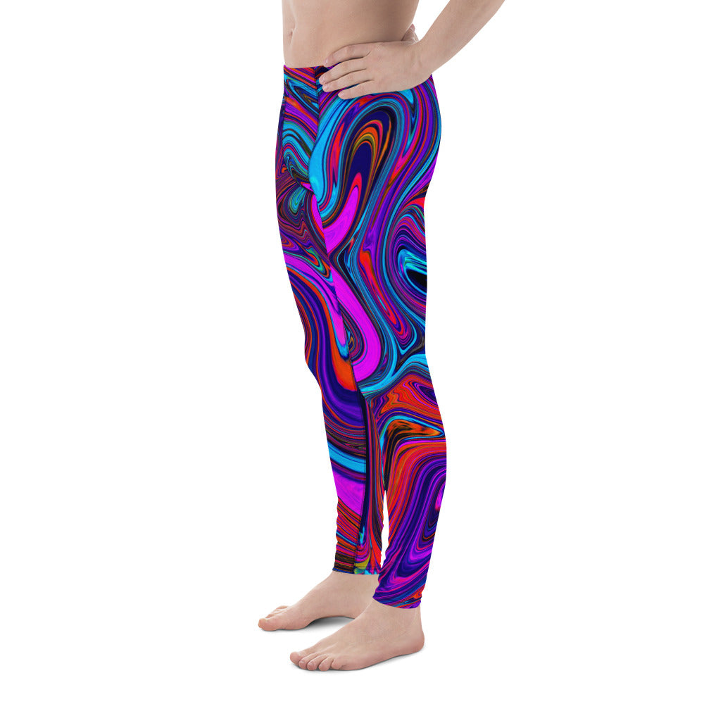 Men's Leggings, Marbled Magenta, Blue and Red Abstract Art