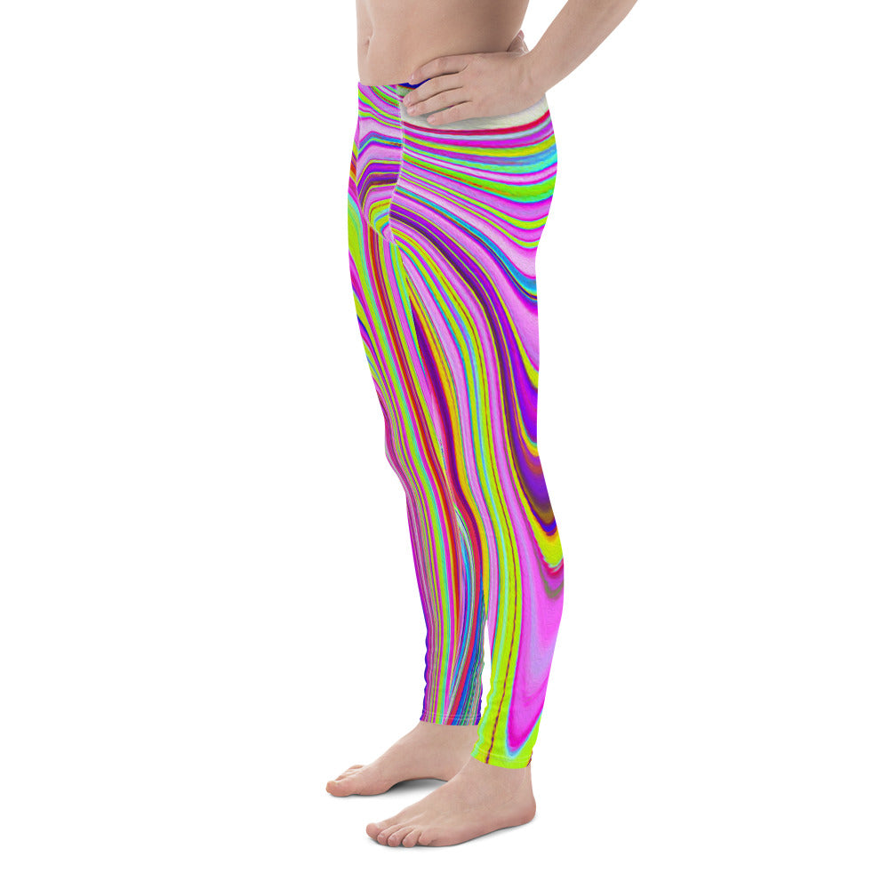 Men's Leggings, Trippy Yellow and Pink Abstract Groovy Retro Art