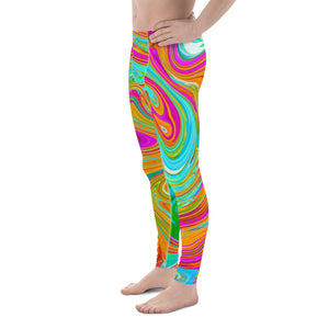 Men's Leggings, Blue, Orange and Hot Pink Groovy Abstract Retro Art