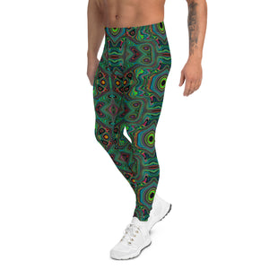 Men's Leggings, Trippy Retro Black and Lime Green Abstract Pattern