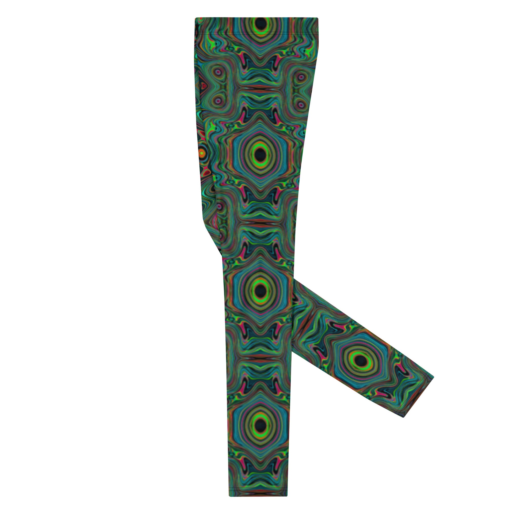 Men's Leggings, Trippy Retro Black and Lime Green Abstract Pattern