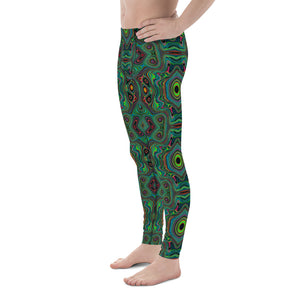 Men's Leggings, Trippy Retro Black and Lime Green Abstract Pattern