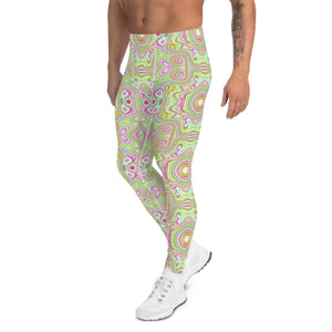 Men's Leggings, Trippy Retro Pink and Lime Green Abstract Pattern