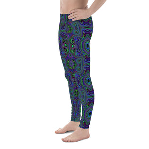 Men's Leggings, Trippy Retro Royal Blue and Lime Green Abstract