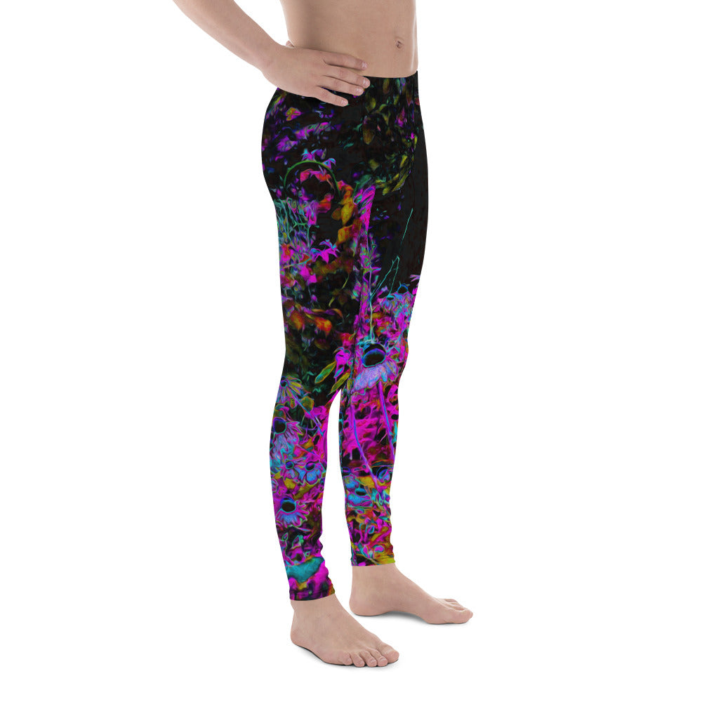 Men's Leggings, Psychedelic Hot Pink and Black Garden Sunrise