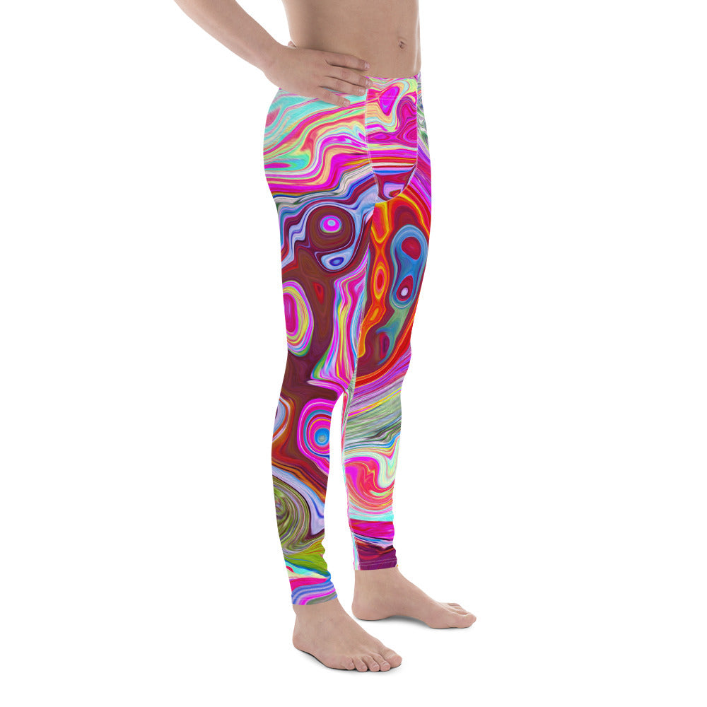 Men's Leggings, Groovy Abstract Retro Hot Pink and Blue Swirl