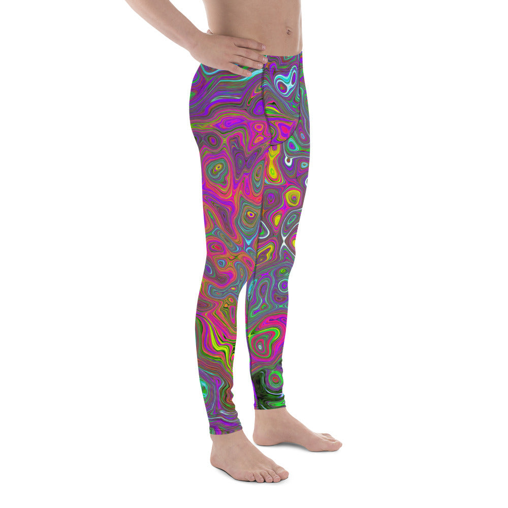 Men's Leggings, Trippy Hot Pink Abstract Retro Liquid Swirl