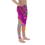 Men's Leggings, Trippy Abstract Cool Magenta Rainbow Colors Retro Art