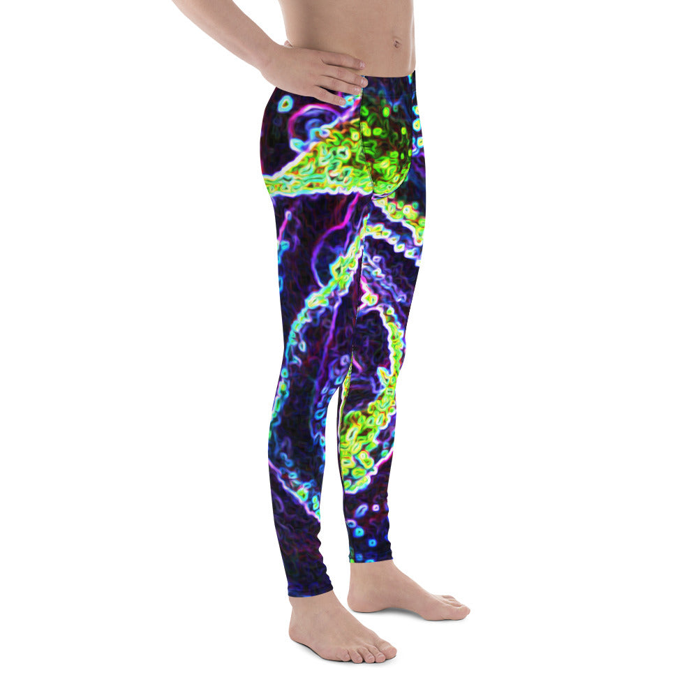 Men's Leggings, Graphic Black White Blue and Green Rose Detail