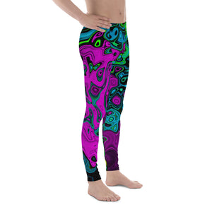 Colorful Trippy Men's Leggings, Bold Magenta Abstract Groovy Liquid Art Swirl