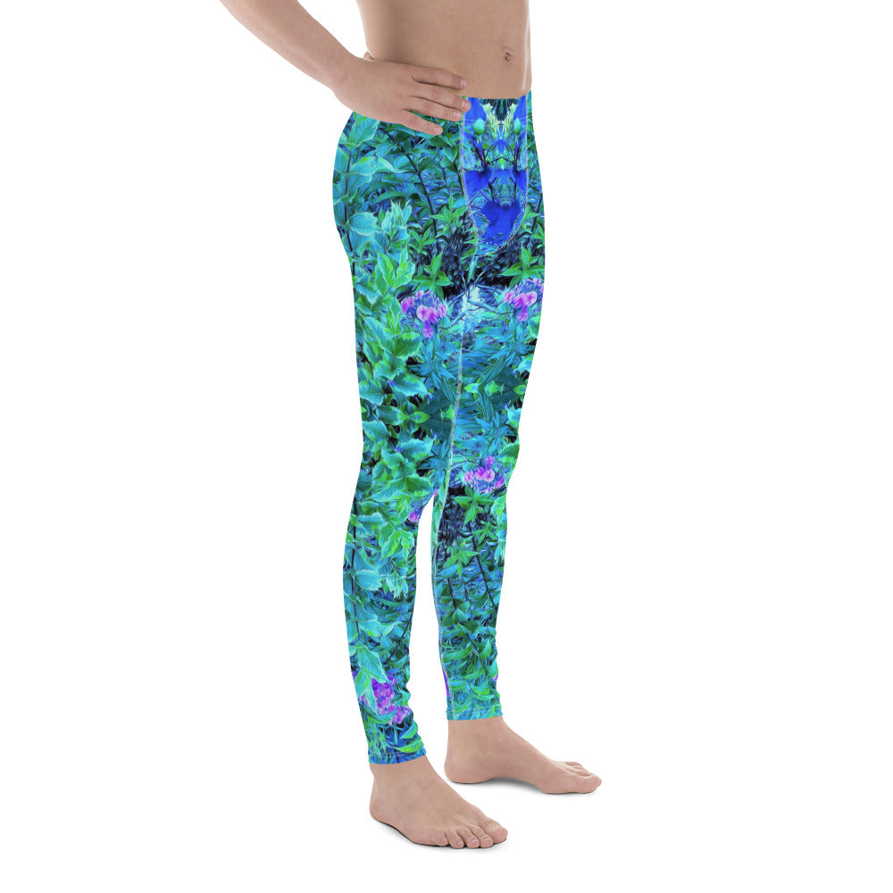 Colorful Men's Leggings, Abstract Chartreuse and Blue Garden Foliage Pattern